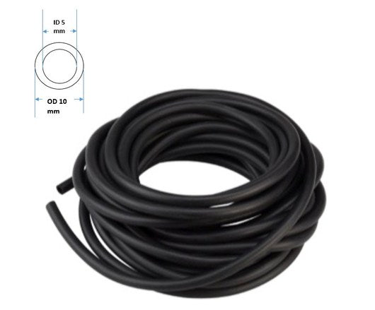 Coiled black rubber hose with dimensions on a white background
