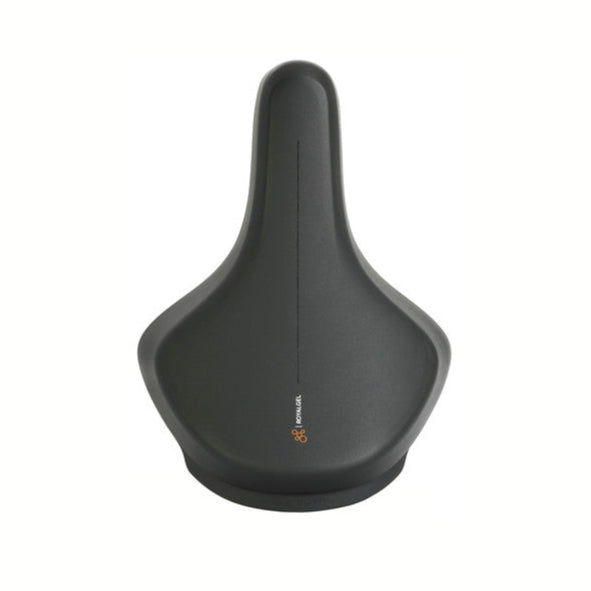 A black Selle Royal On saddle designed for e-bikes, showing the top view with a central crest and integrated handle.