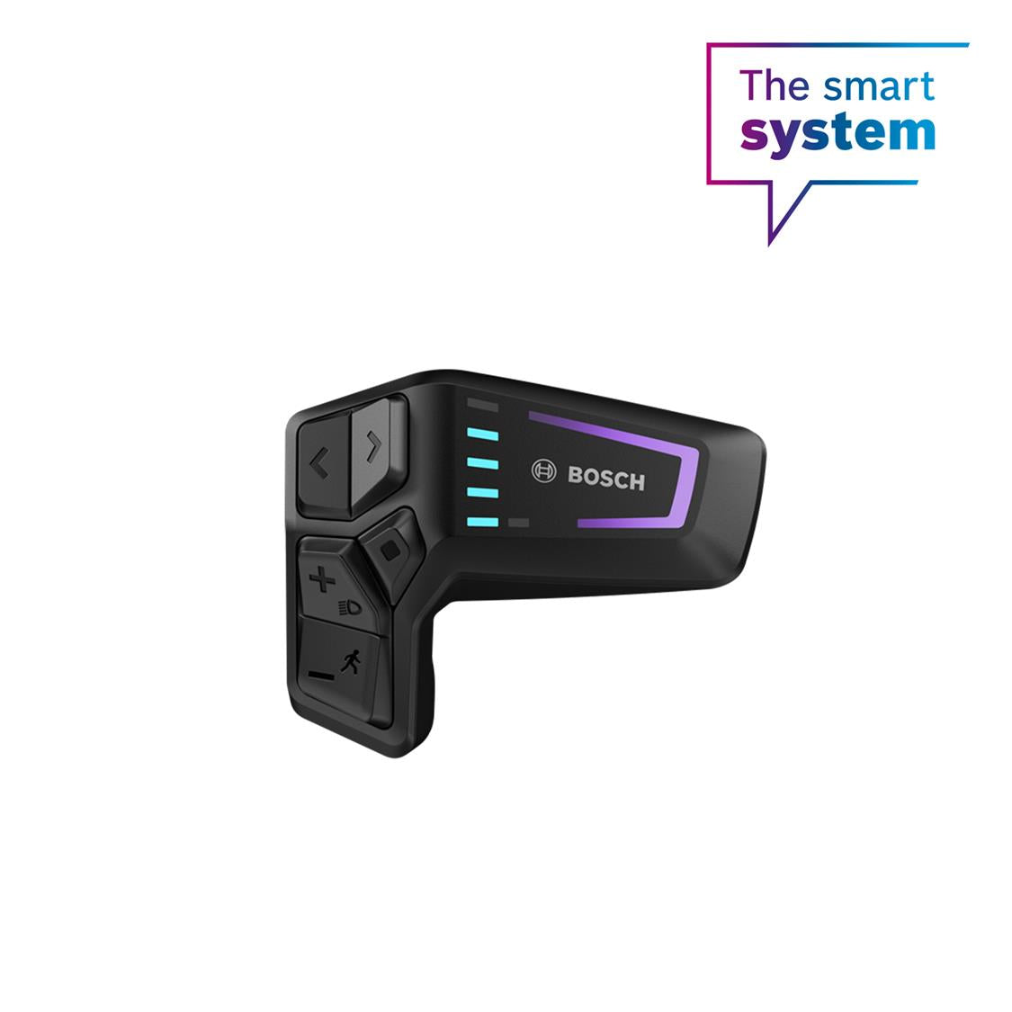 Bosch smart system LED remote for e-bikes, black with purple accents and branding on the front, designed to be mounted on the handlebar.
