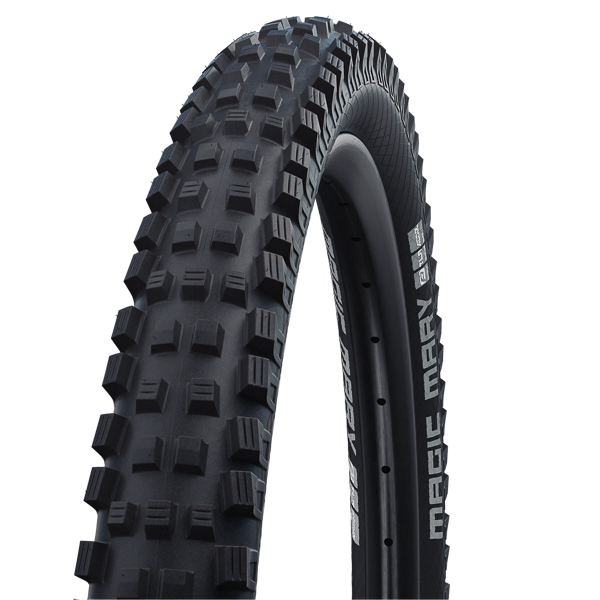 A black Schwalbe Magic Mary 29 inch mountain bike tire with a textured tread pattern.