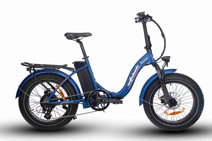 Watt Wheels Scout Electric Folding Bike in Blue Low step frame Hub Drive