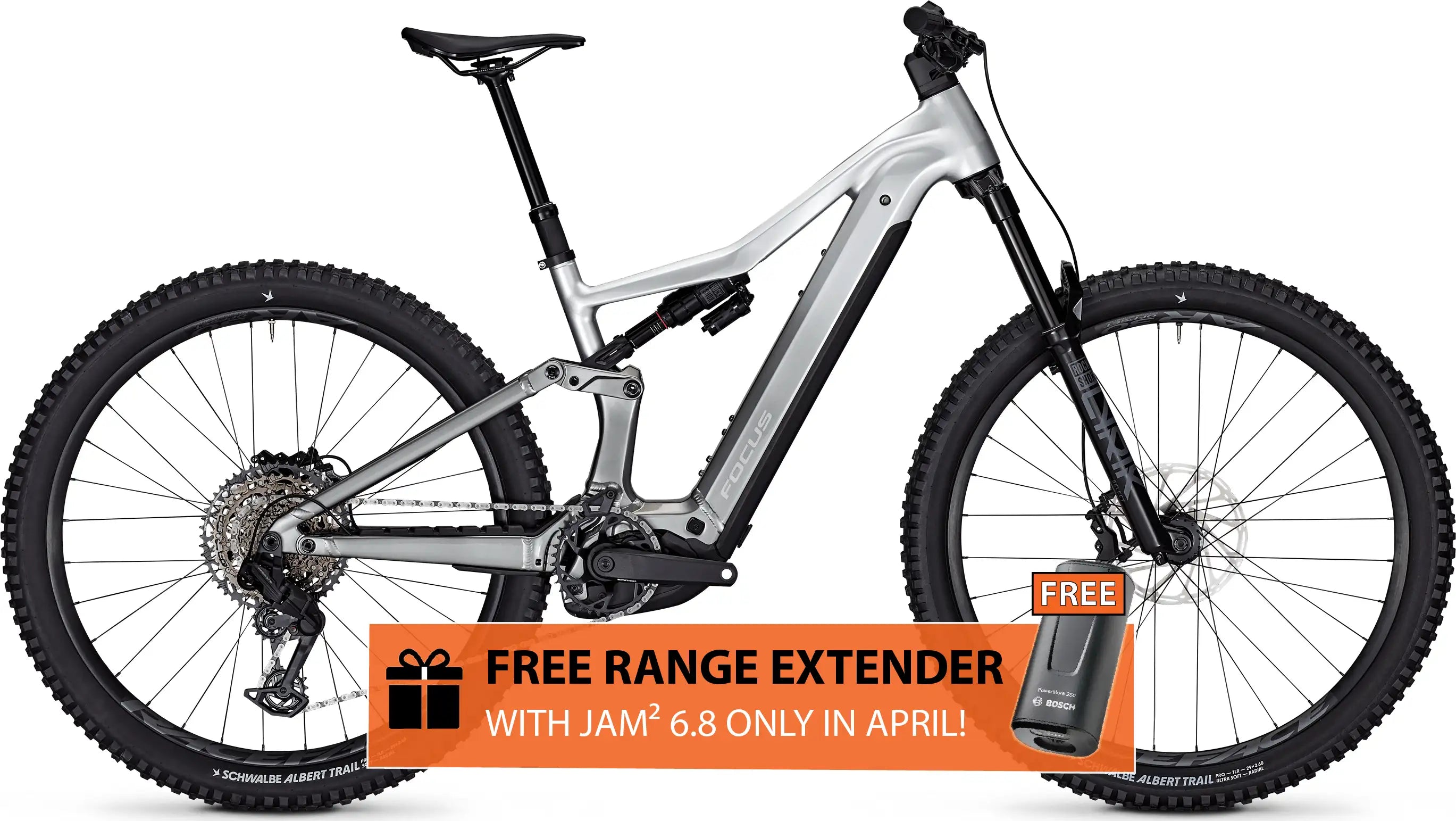 Electric Focus JAM 6.8 EMTB with a free range extender offer in April on a white background