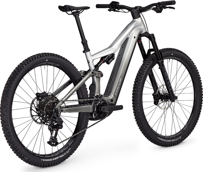 Silver Focus JAM² 6.8 electric bike on a black stand with a transparent background