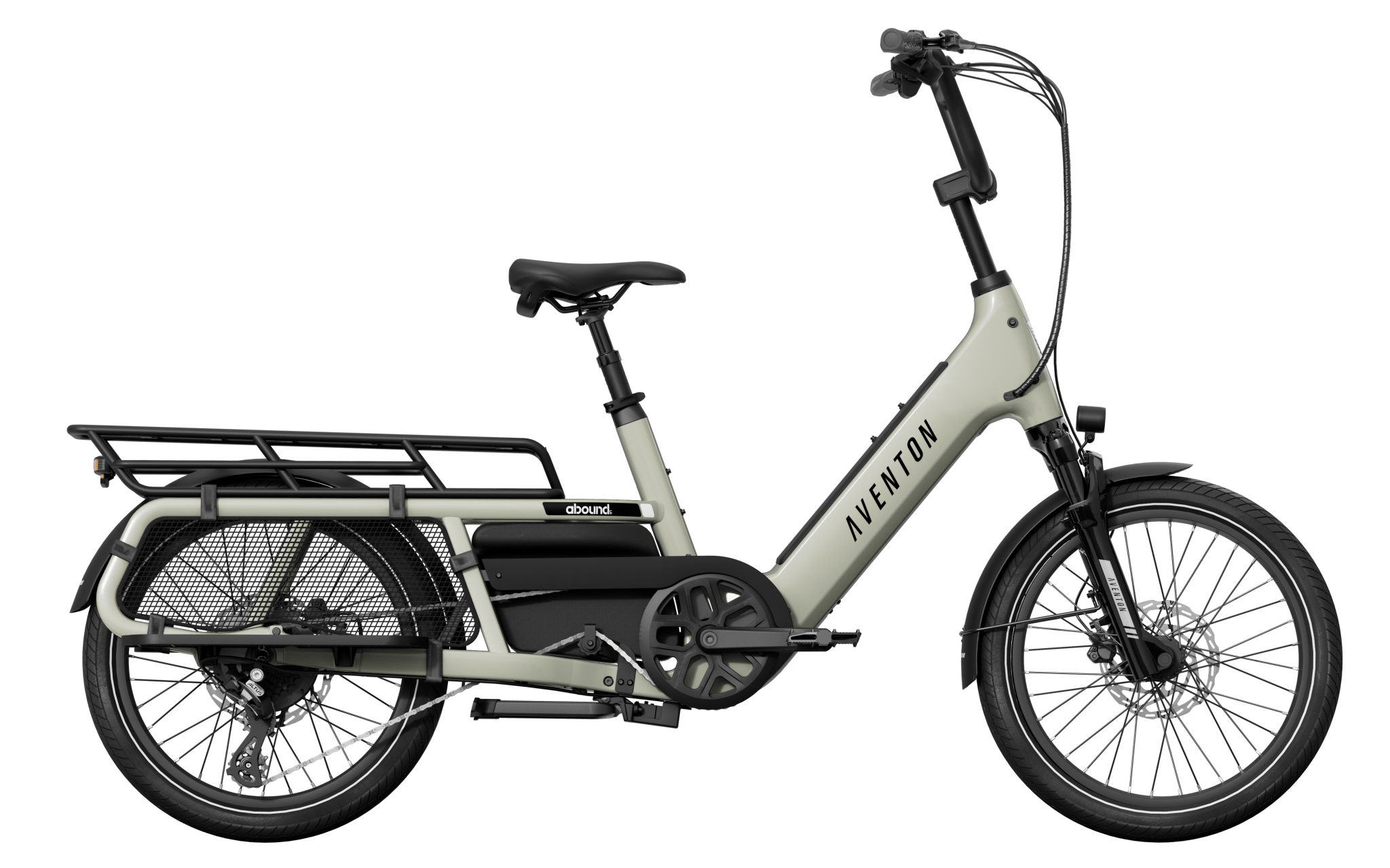 Electric Aventon Abound LR cargo bike with a white frame and black components on a transparent background