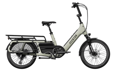 Electric Aventon Abound LR cargo bike with a white frame and black components on a transparent background