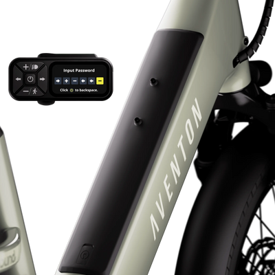 Close-up of a bicycle with a control panel and 'Aventon' branding on a white background