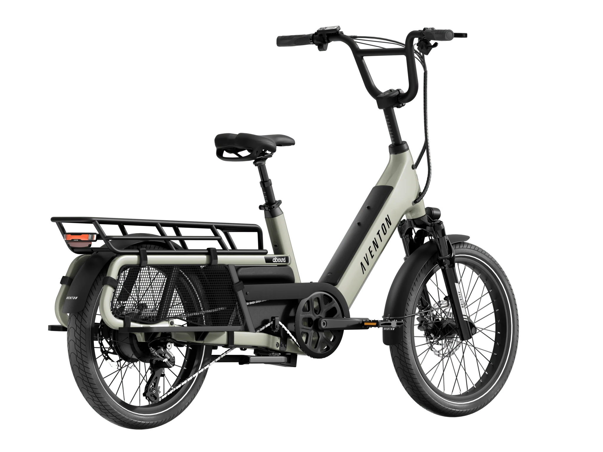 Electric Abound cargo bike with a black basket on a white background