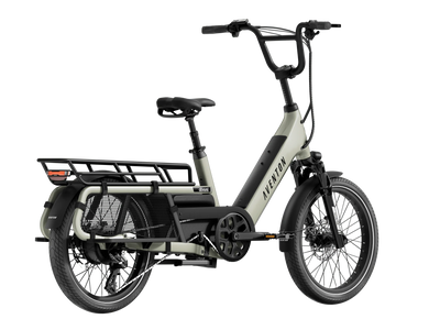Electric Abound cargo bike with a black basket on a white background