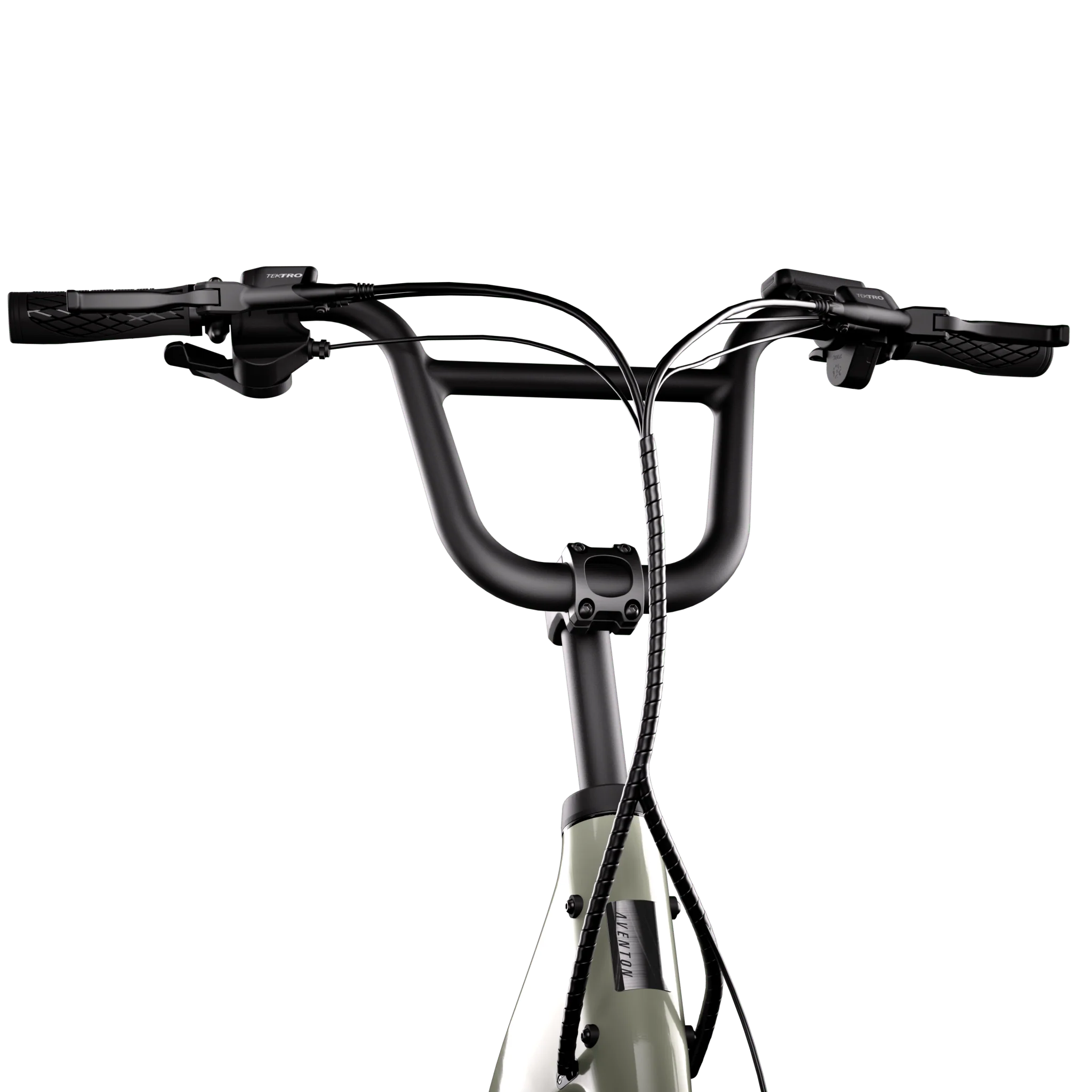 Close-up of a bicycle handlebar with black grips and brake levers on a white background