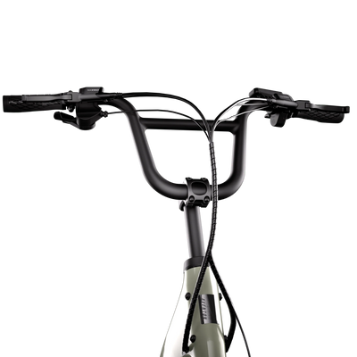 Close-up of a bicycle handlebar with black grips and brake levers on a white background
