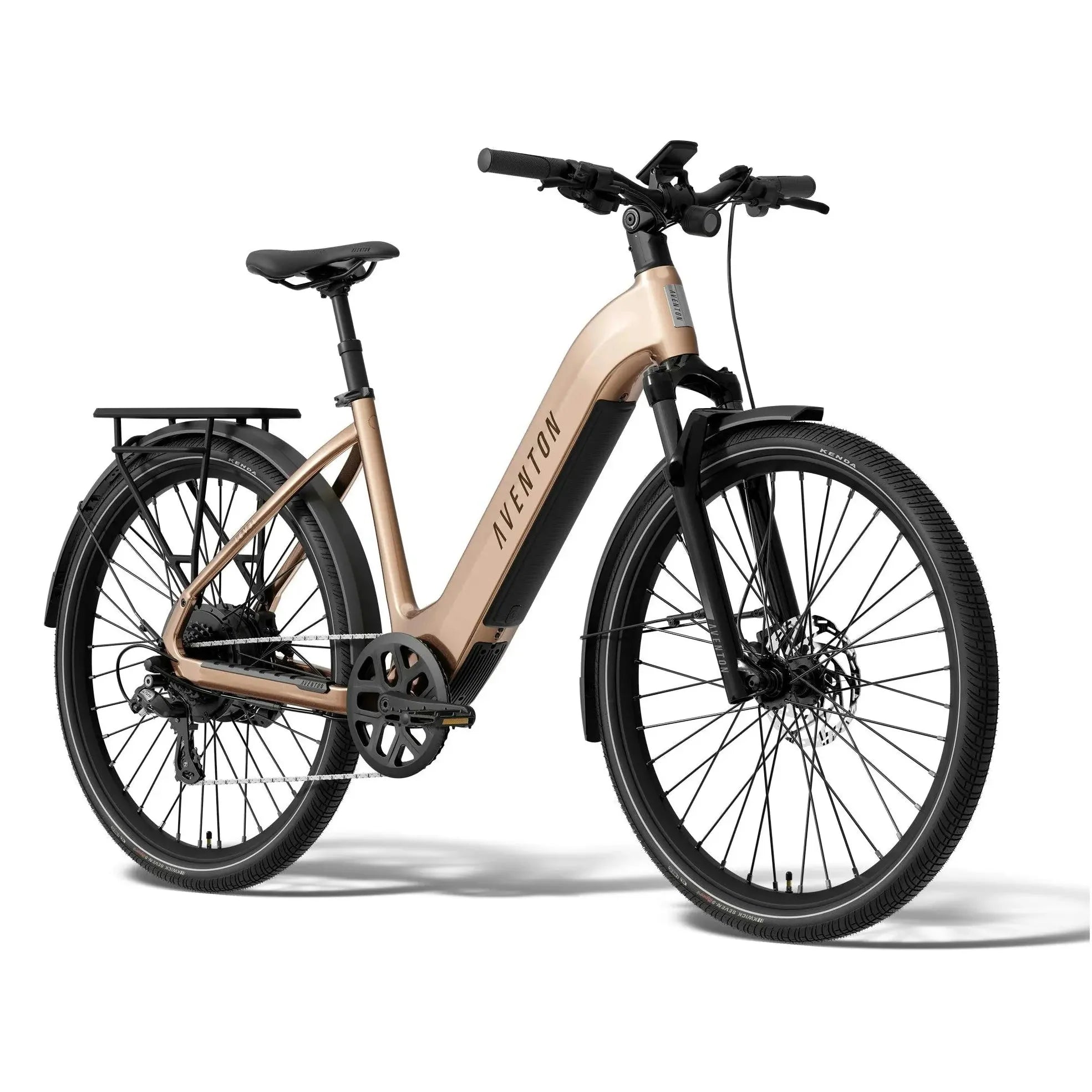 A step-through Aventon electric bicycle with a metallic rose gold frame and black components, shown from a three-quarters front angle on a white background.