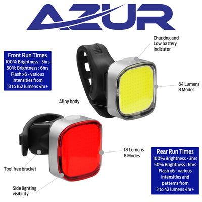 AZUR bike lights with features highlighted on a white background