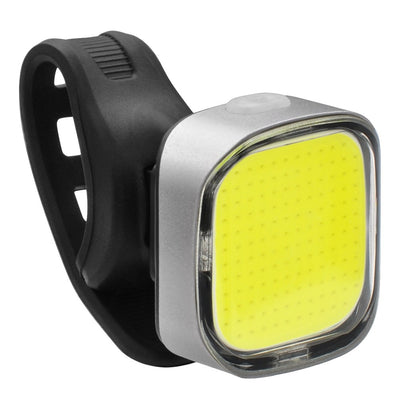 Bicycle headlight with yellow LED light on a white background