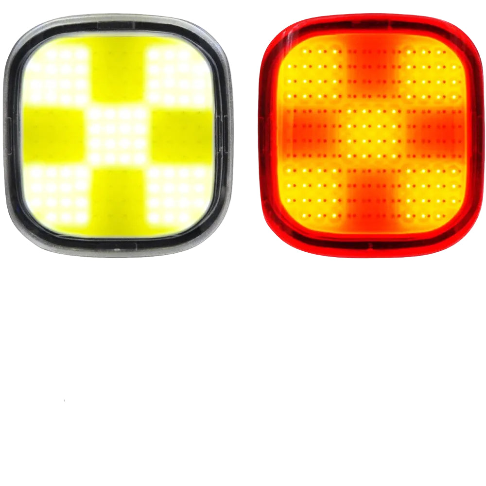 Two LED lights, one yellow and one red, with text describing advanced COB LED technology.