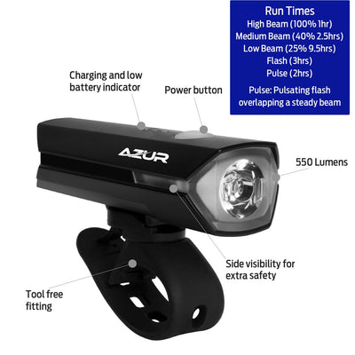 Azur bike light with features labeled on a white background