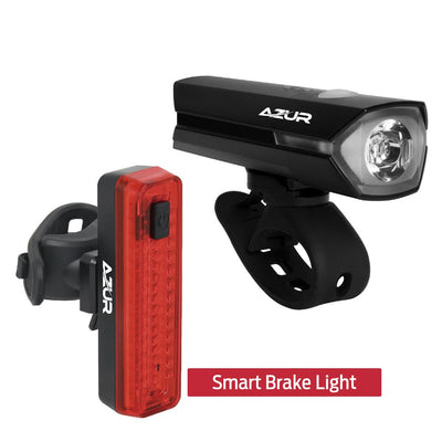 AZUR bike lights including a front light and smart brake light on a white background