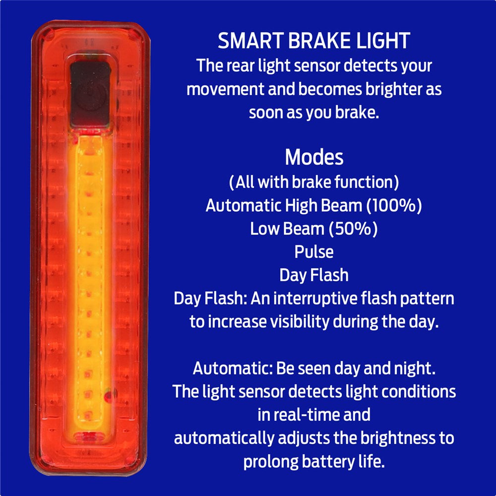 Smart brake light with features and modes on a blue background