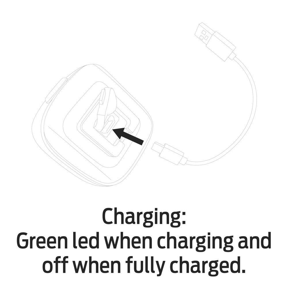 Diagram showing charging cable connected to a device with text indicating green LED for charging status.
