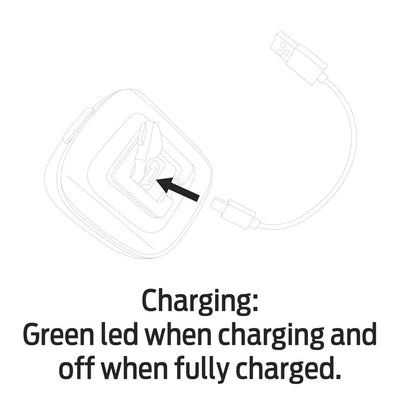 Diagram showing charging cable connected to a device with text indicating green LED for charging status.