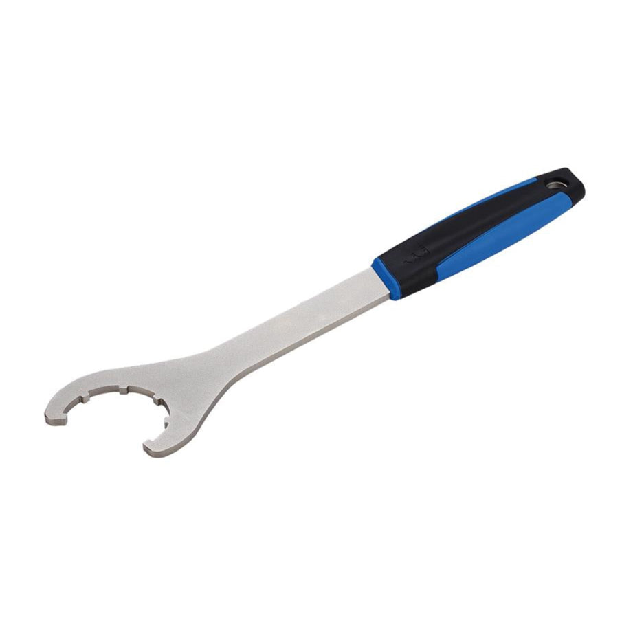 Wrench with blue and black handle on a white background