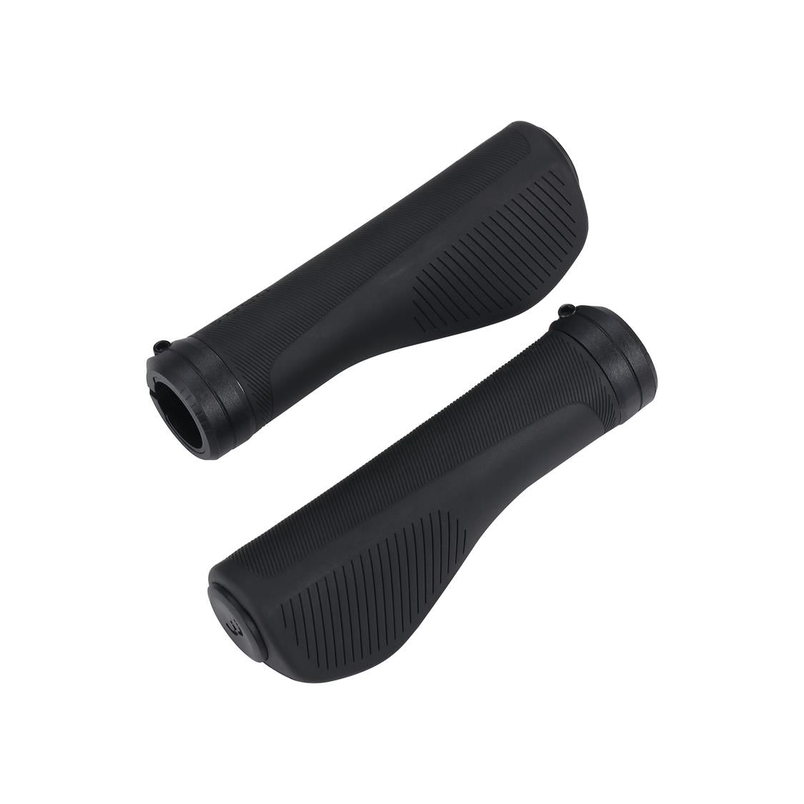 Two black bicycle handlebar grips on a white background