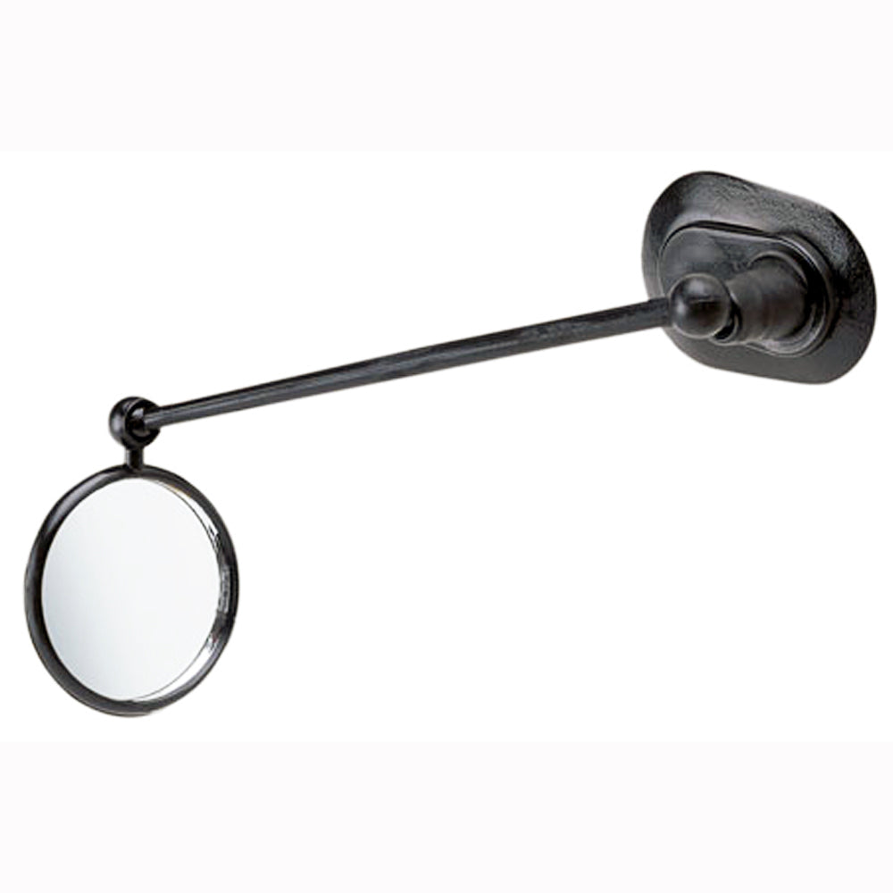 Black wall-mounted mirror for on bike helmet with a long arm on a white background