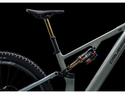 Close-up of Crussis e-Full 12.11-PRO frame with suspension fork on a black background