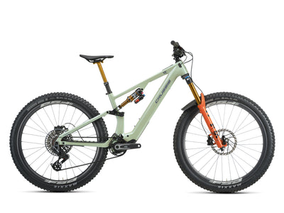 Mountain bike Crussis e-Full 12.11-PRO, with green frame and orange suspension fork on a white background