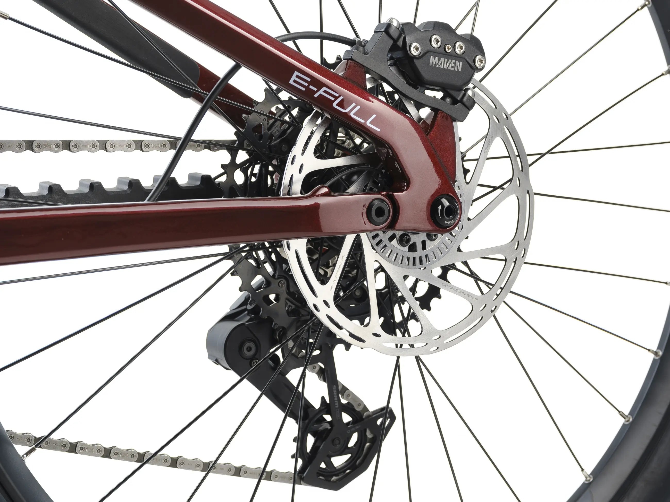 Close-up of Crussis e-Full 12.11 E-MTB brakes on a white background