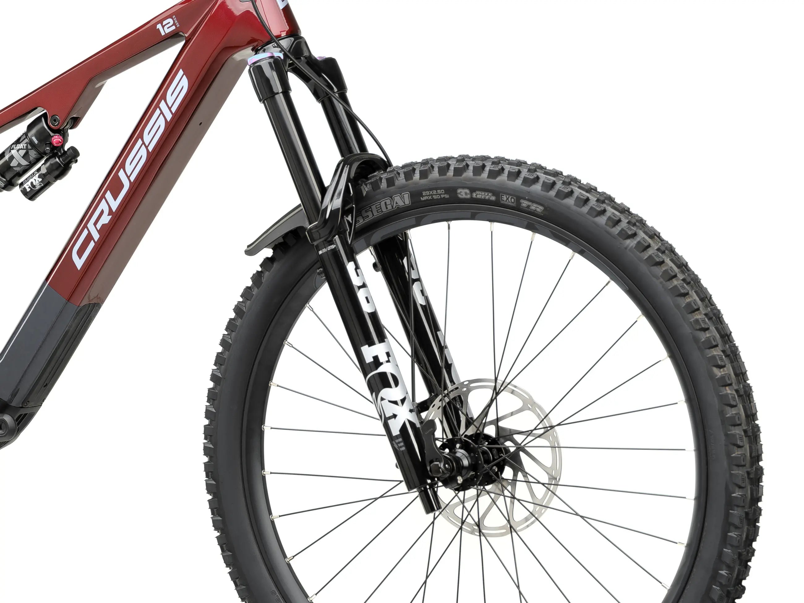 Close-up of a Crussis e-Full 12.11 E-MTB red with visible brand names on a white background