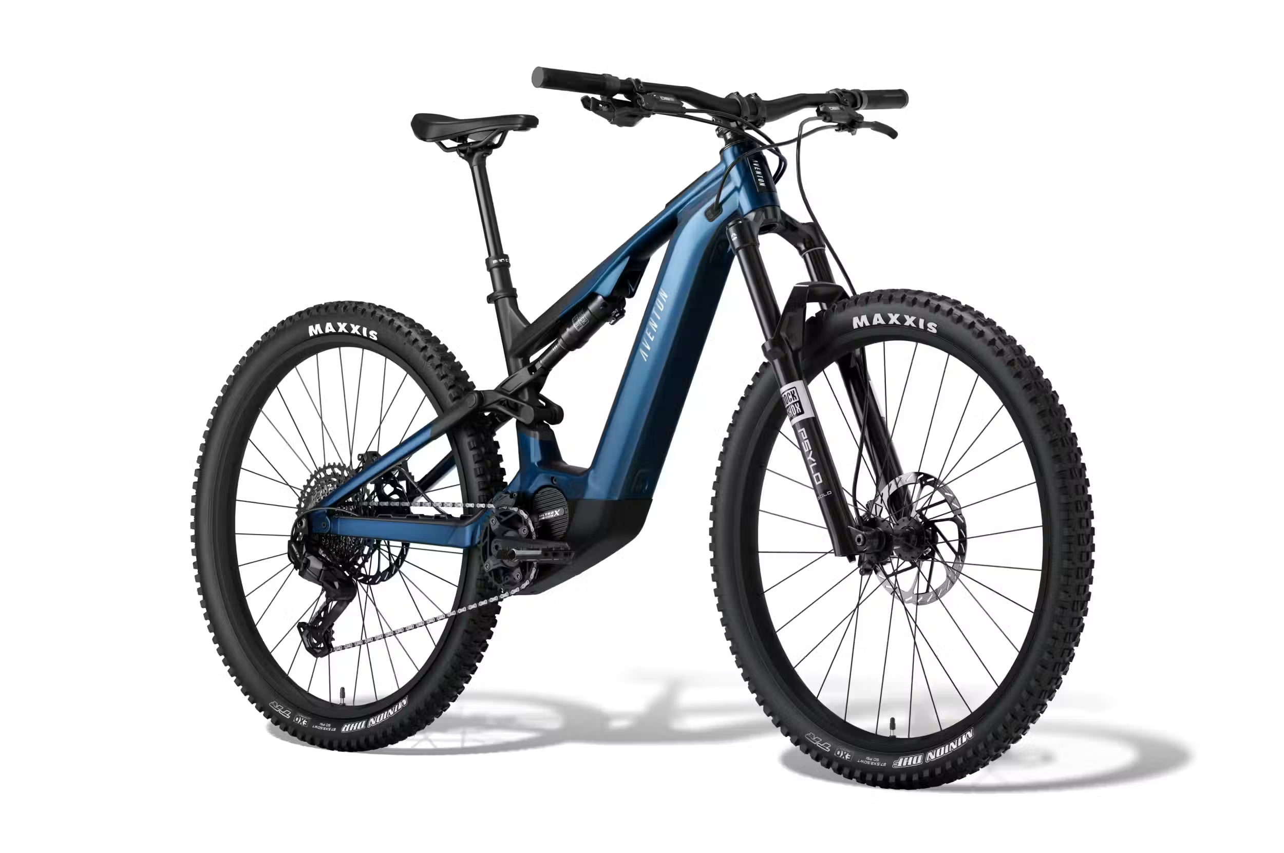 Blue Aventon Current ADV mountain bike on a white background