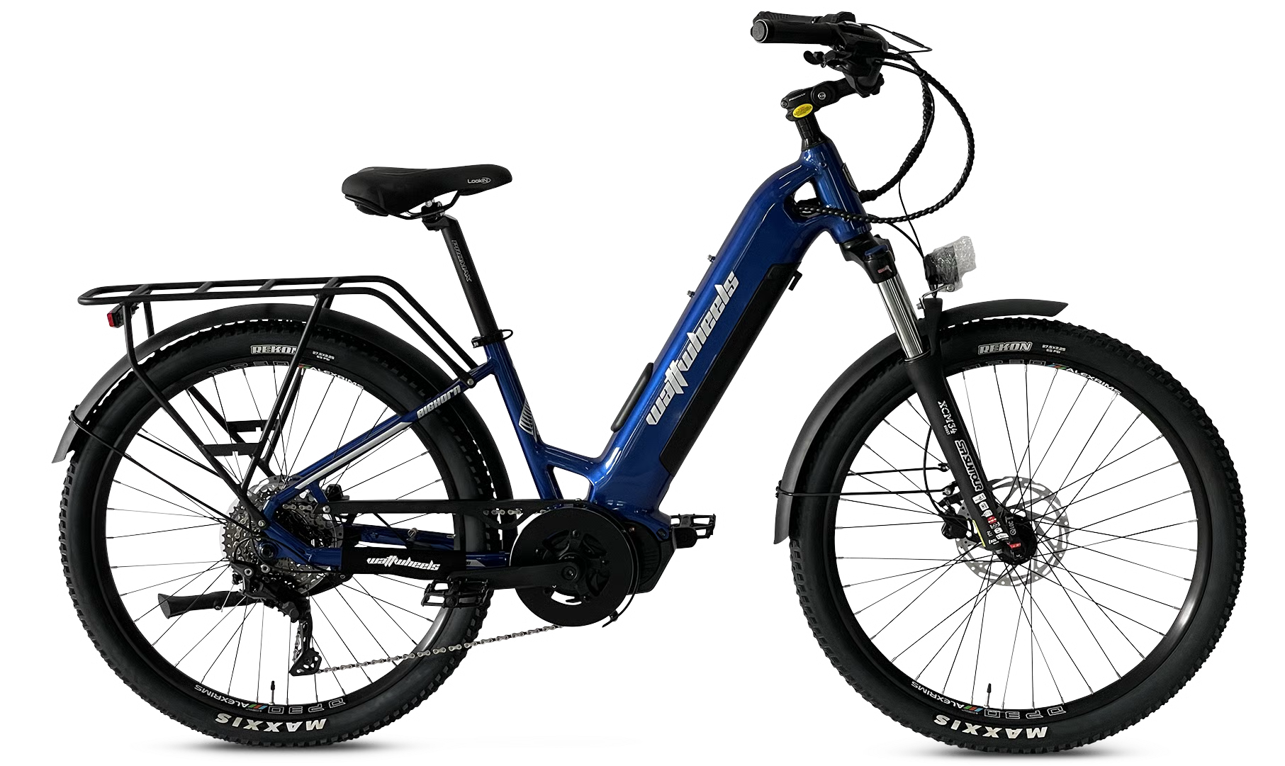 Blue electric bicycle, Wattwheels Bighorn LS V4 E-Bike,  on a white background