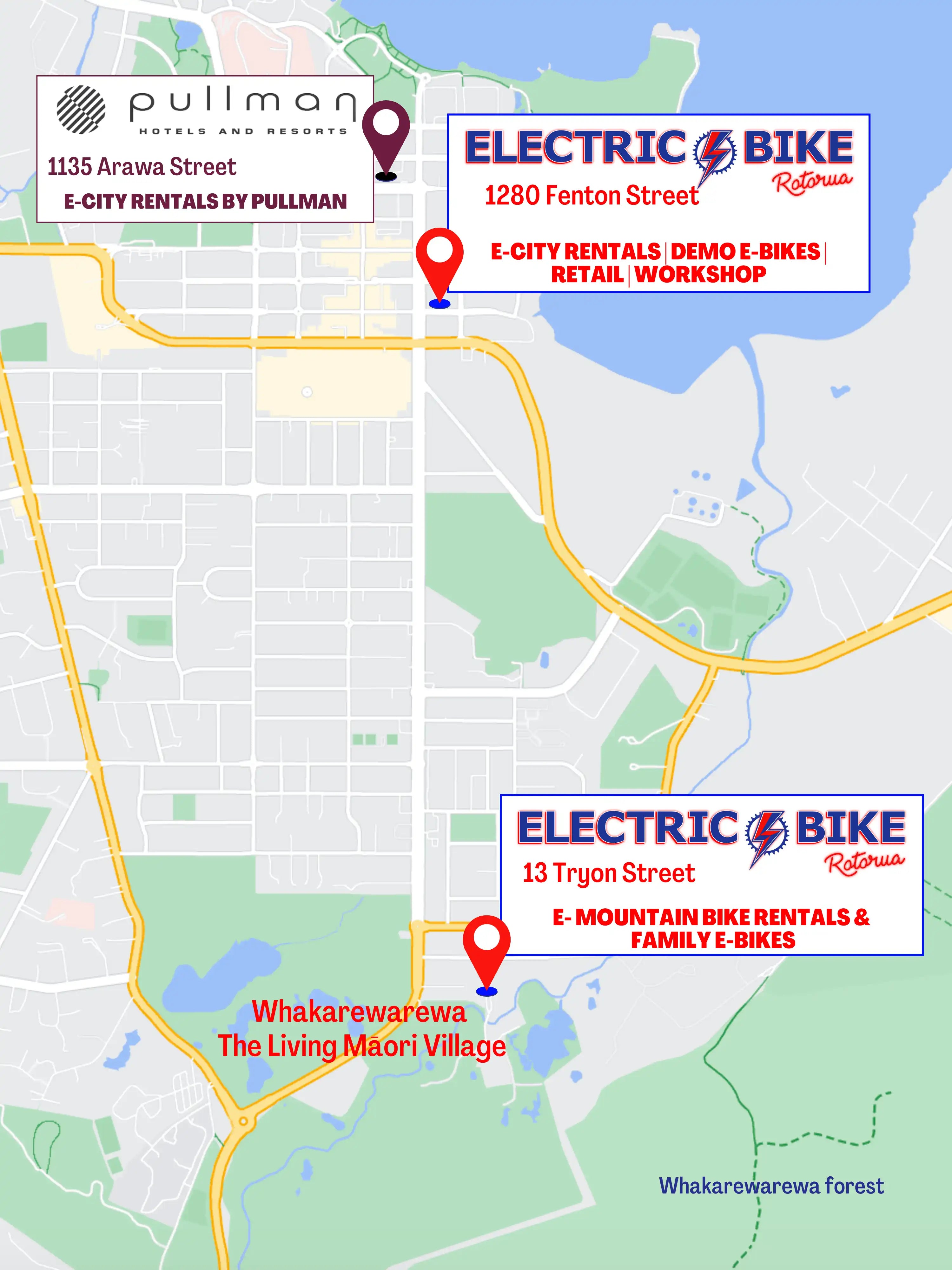 Location map with Electric BIke Rotorua E-bike Rental Locations