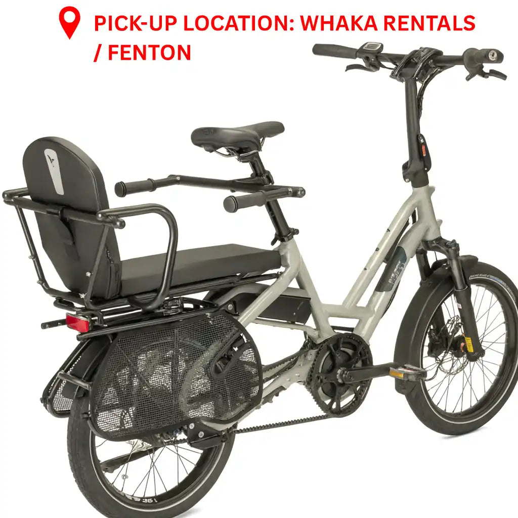 Image of gray explorer E-bike rental with a child seat, pickup location indicated.