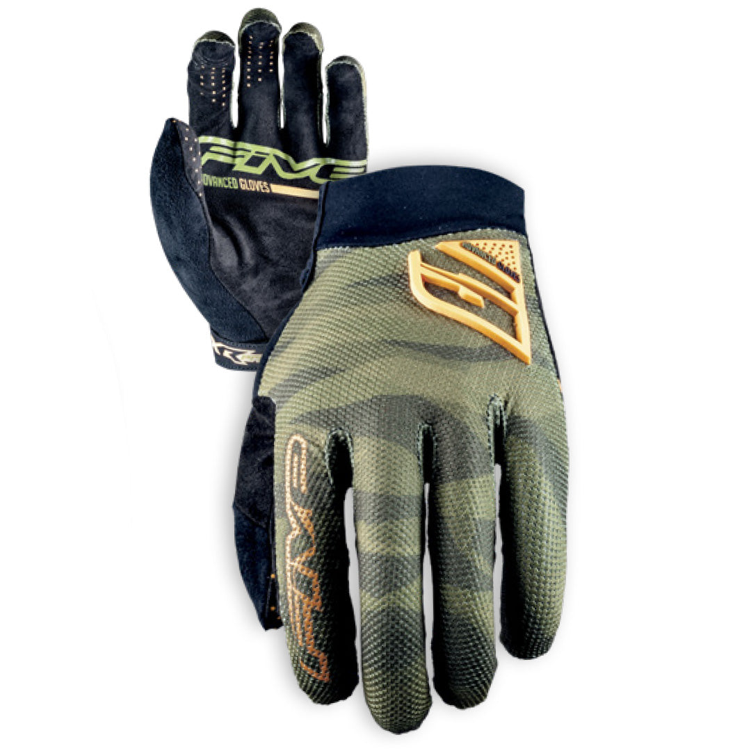 Pair of FIVE XR-Pro MTB Gloves with black, green, and orange design on a white background