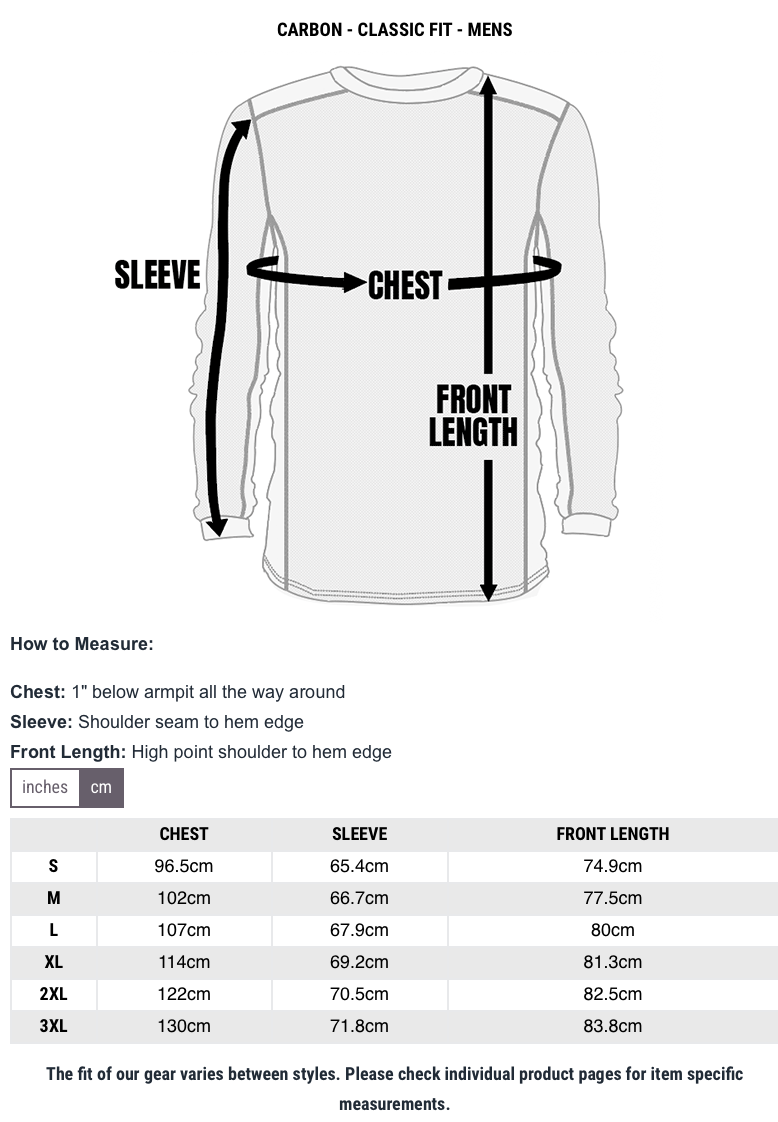 Sizechart Carbon Jersey