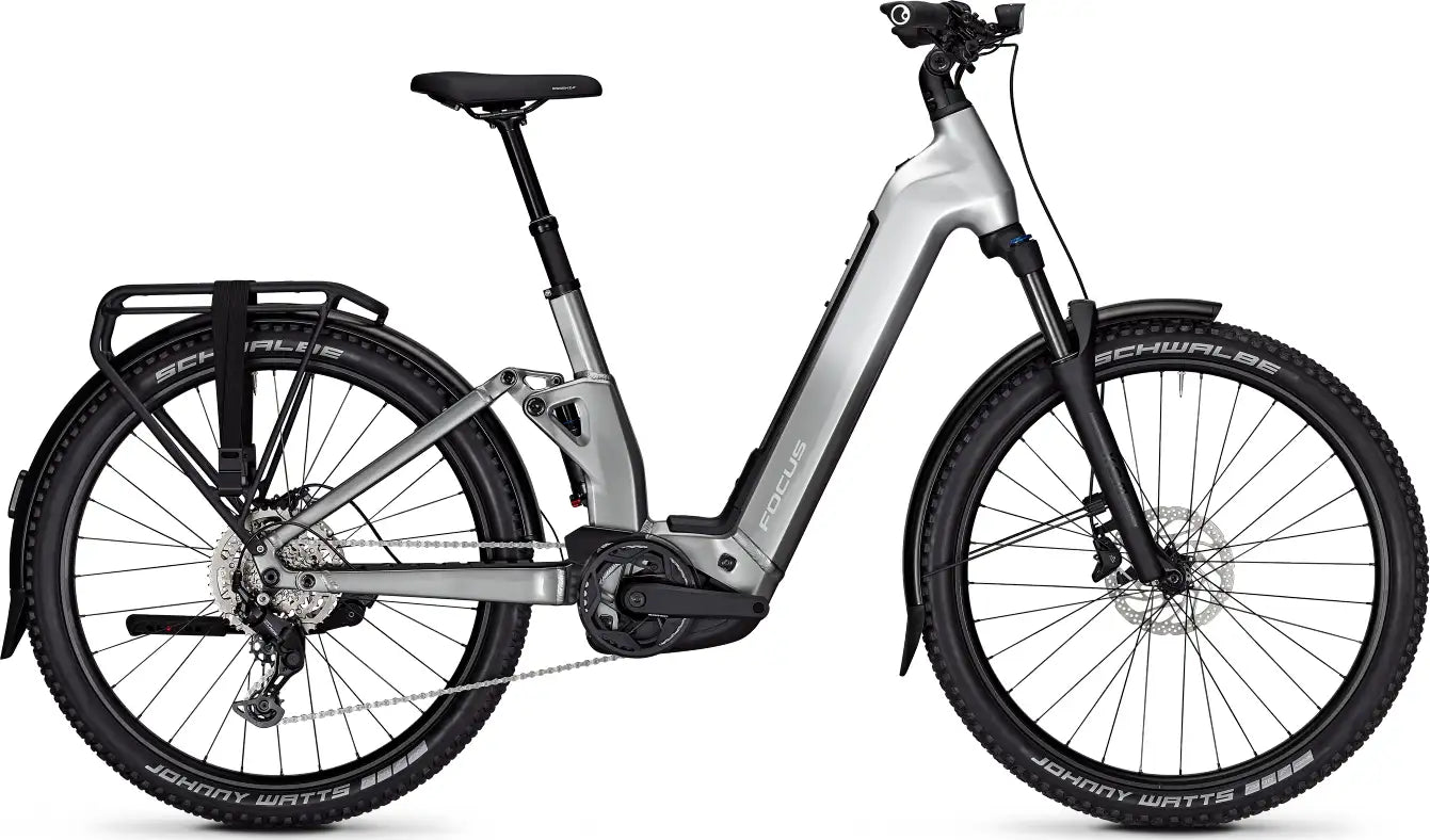 Focus Aventura Full Suspension Electric bicycle with white frame and black components on a white background