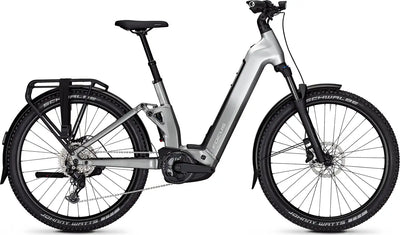 Focus Aventura Full Suspension Electric bicycle with white frame and black components on a white background