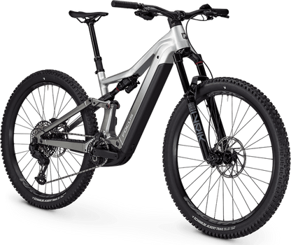 Silver Focus JAM² 6.8 electric bike on a black stand with a transparent background size angle 