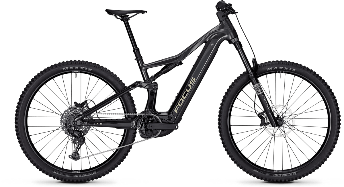 A matte black Focus JAM 7 full-suspension mountain bike with knobby tires, shown from a side profile on a clean white background.