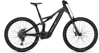 A matte black Focus JAM 7 full-suspension mountain bike with knobby tires, shown from a side profile on a clean white background.