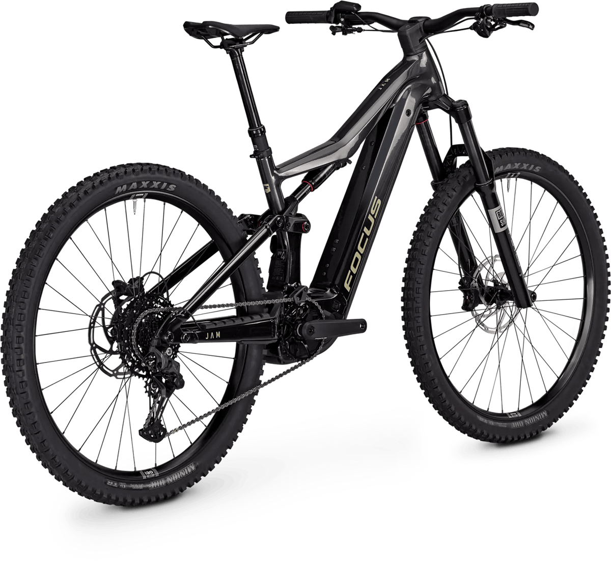 A black and dark gray Focus electric mountain bike with knobby tires, a front suspension fork, and a visible battery pack mounted on the frame, shown on a clean white background.