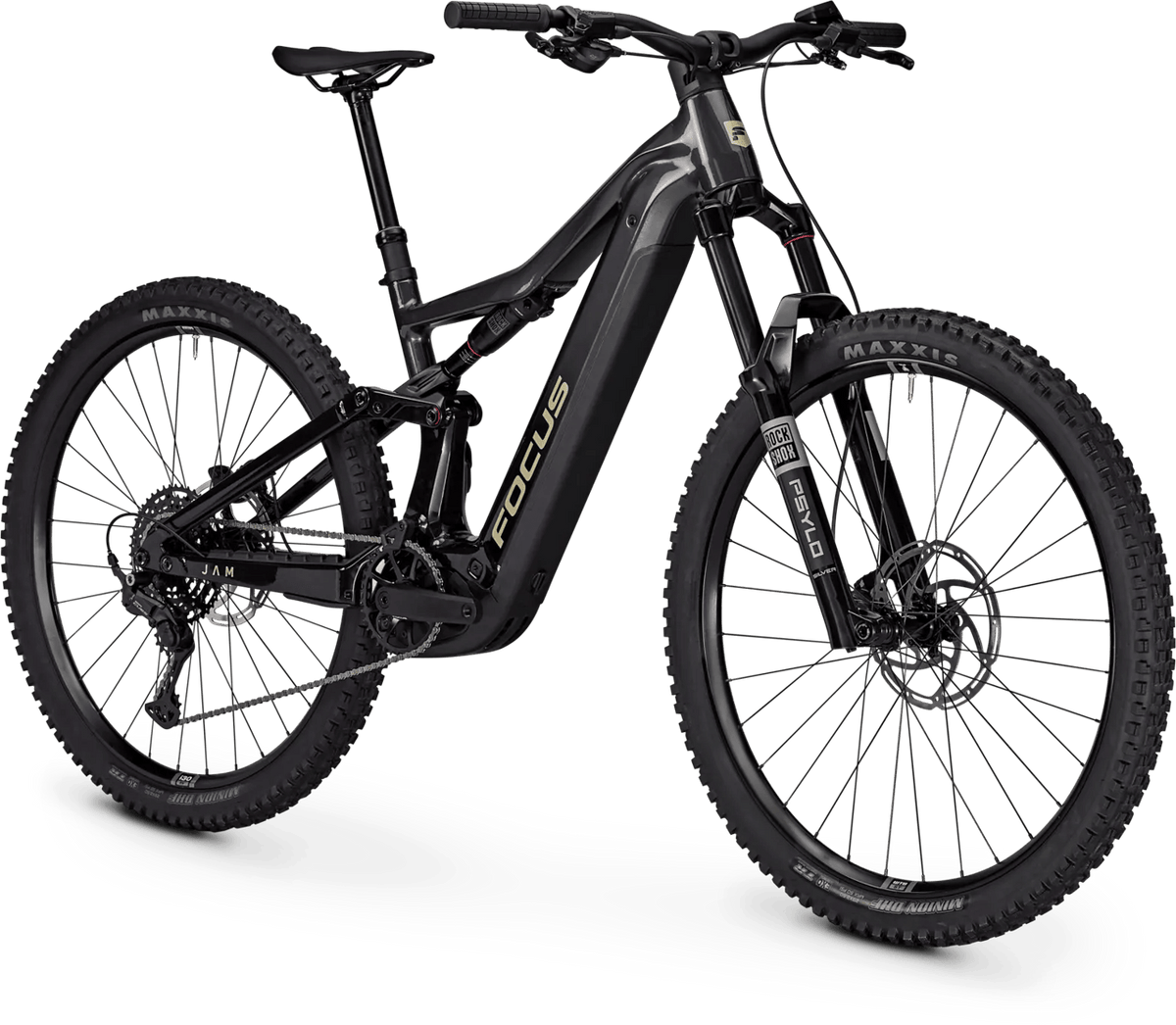 A black Focus full-suspension mountain bike with a black battery pack and gold Focus branding, shown on a clean white background.