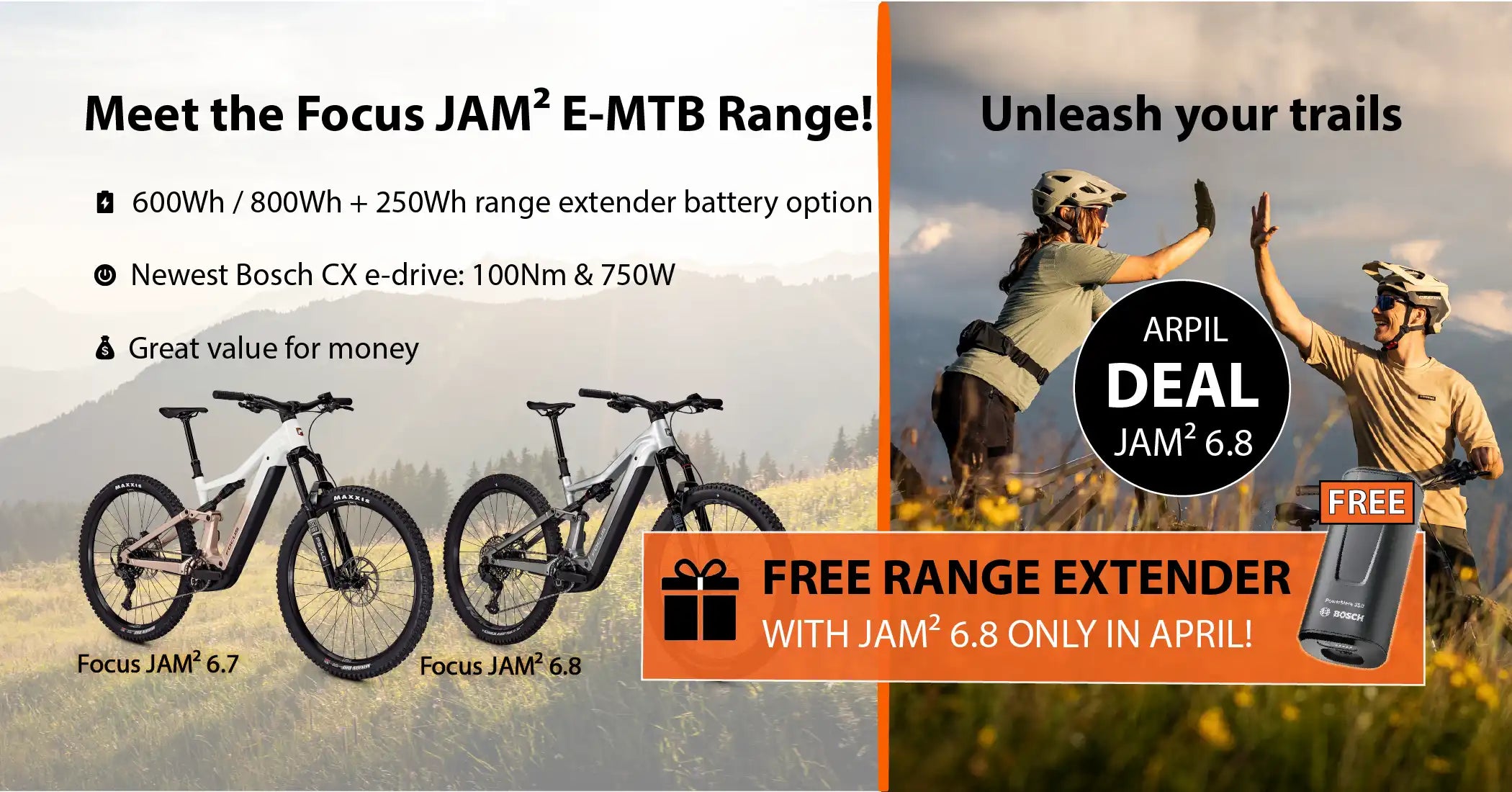 Advertisement for Focus JAM E-MTB 6.8 model with two bicycles and promotional text.