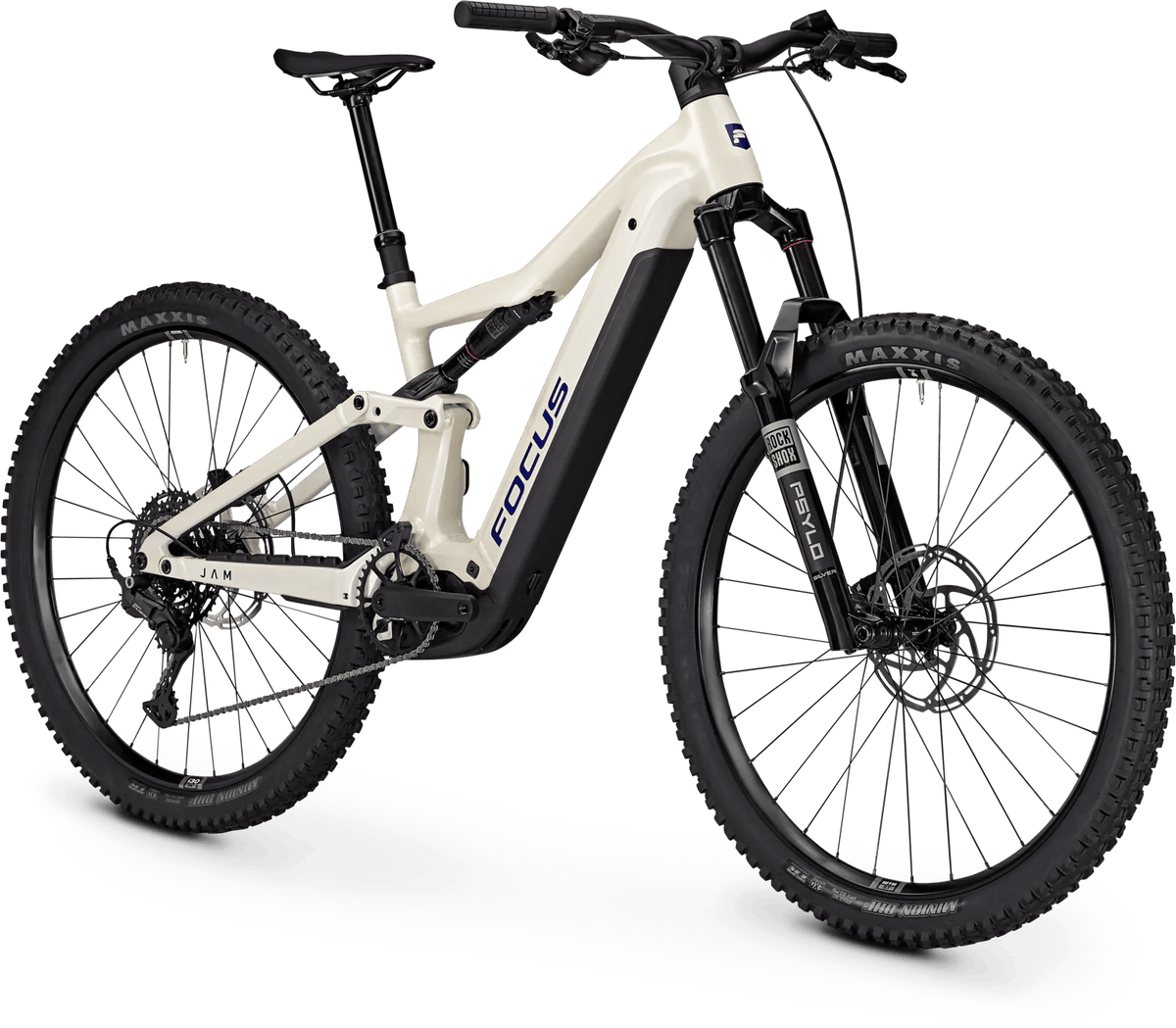 A Focus full-suspension mountain bike with an off-white frame and black components, including tires, fork, and seatpost, shown on a clean white background.