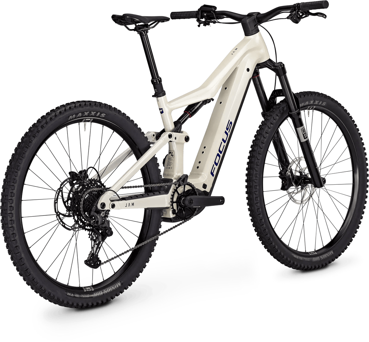A full-suspension electric mountain bike with a cream-colored frame and black components, including the fork, wheels, tires, and handlebars. The frame features the 'FOCUS' brand name in dark gray lettering.