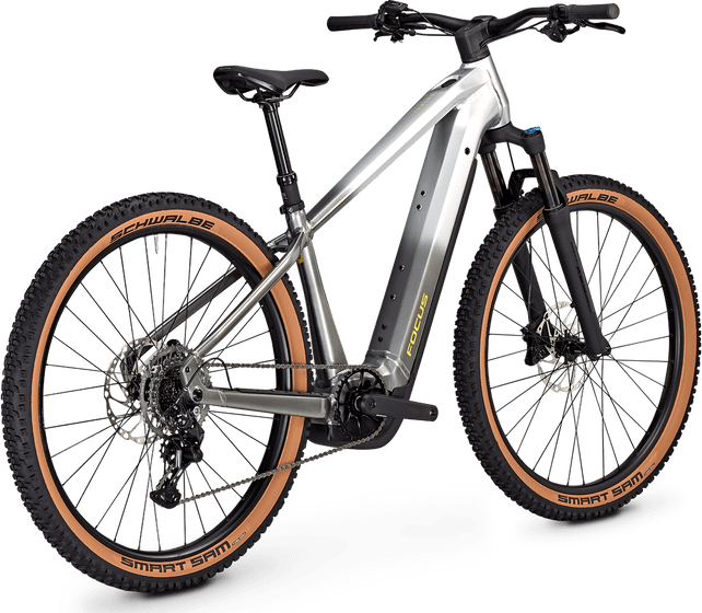 Silver Focus Jarifa ² 6.7 electric bicycle with brown tires on a transparent background