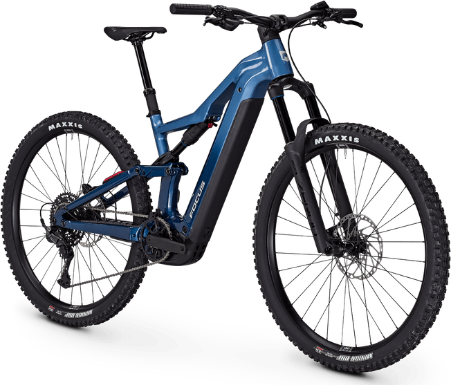 Blue electric bike, Focus THRON² 6.7, on a black stand with a transparent background