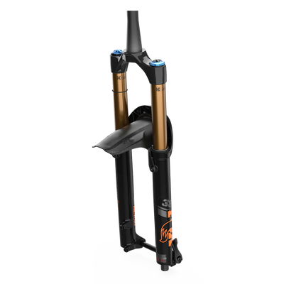 A black Fox 36/38 Fork Mudguard attached to a suspension fork, designed to protect the stanchions and seals from dust and dirt.