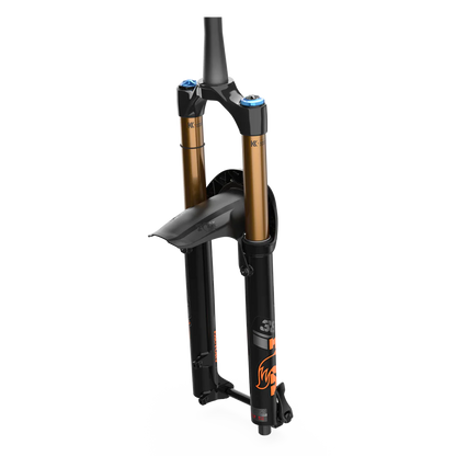 A black Fox 36/38 Fork Mudguard attached to a suspension fork, designed to protect the stanchions and seals from dust and dirt.